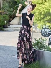 法式绝美气质套装裙女2025夏季新款无袖衬衣碎花鱼尾半身裙两件套，女装套装/套裙，尚娜萱
