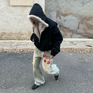 现货高品质美式高街冬季重磅硬挺短款座山雕毛领棉衣男女加厚外套图片