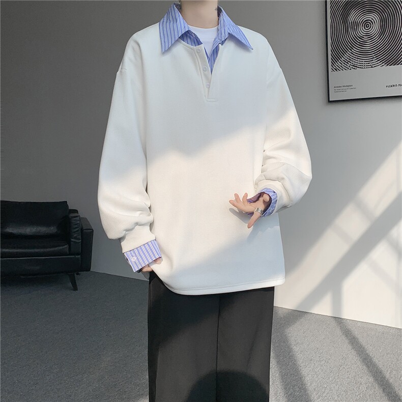 M-8XL假两件撞色polo衬衫翻领卫衣亨利领大码长袖上衣WY5117特P45,男装衬衫,电商B238