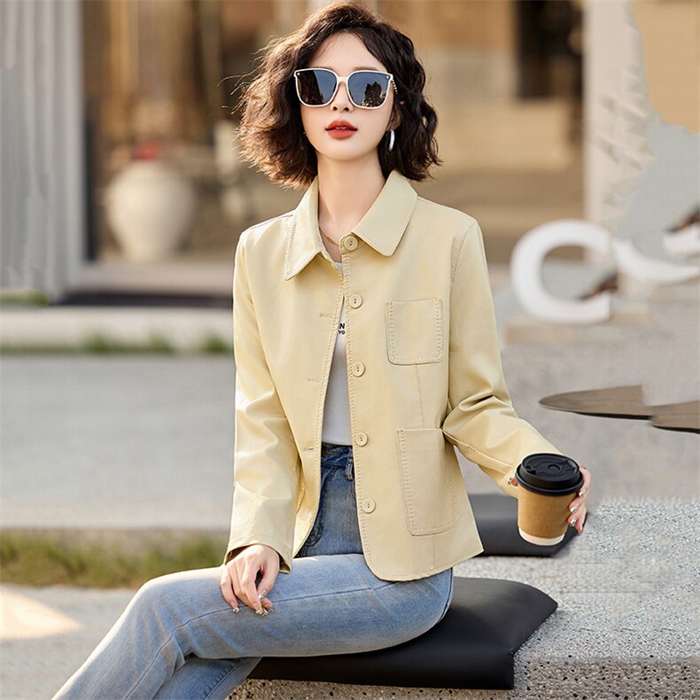 皮衣外套女短款2025新款春秋高级感复古气质休闲翻领PU皮夹克上衣,女装皮衣,魅丽静蓝