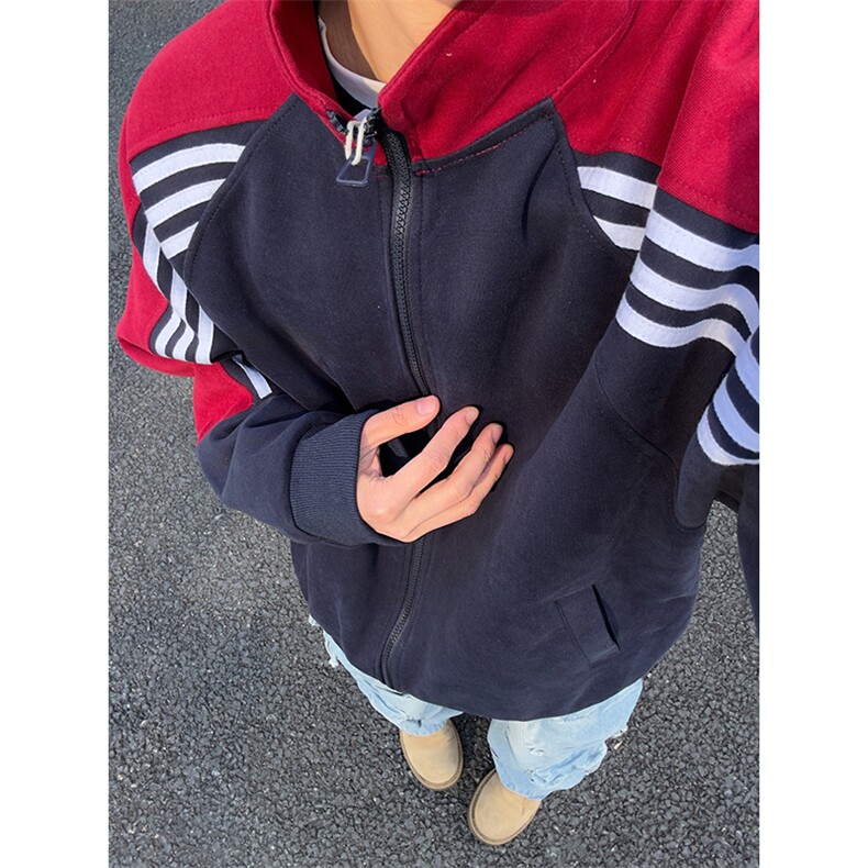 抖音得物高品质美式高街重磅结构织带拼接撞色立领卫衣外套CM41，女装短外套，电商A486-1