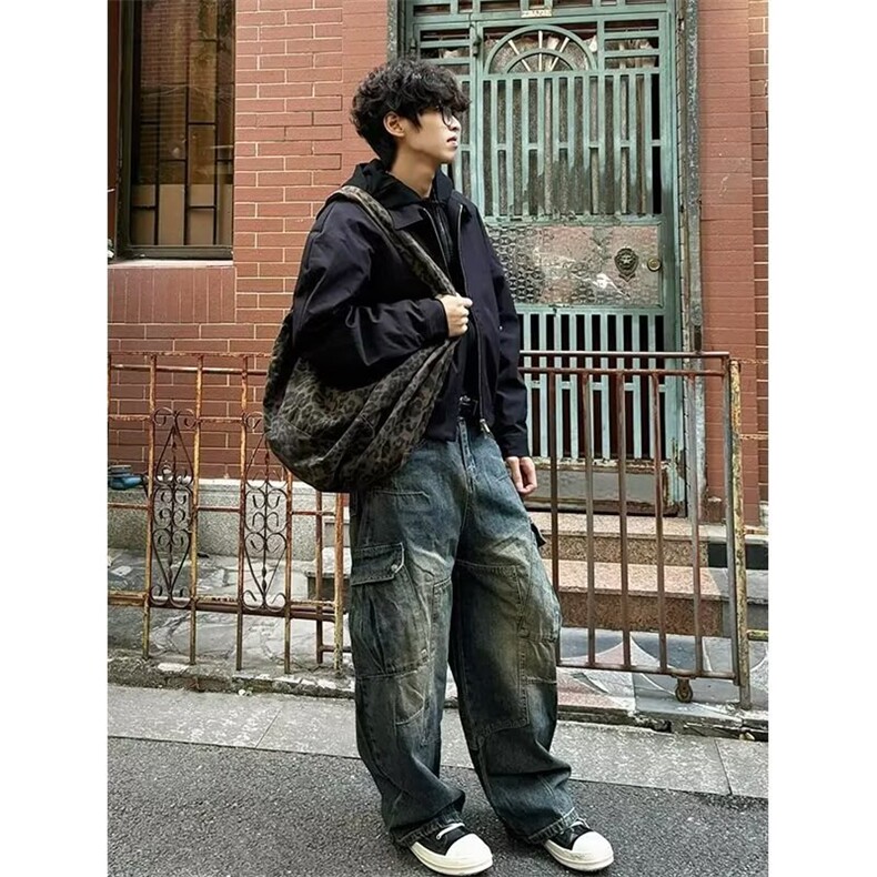 美式水洗解析多口袋弯刀牛仔裤男女高街直筒阔腿工装裤子NZU102,男装牛仔裤,星座516A
