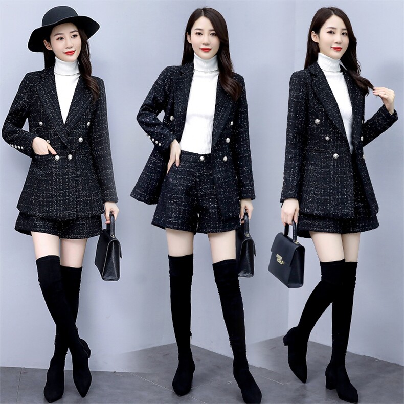 清仓春秋新款女装时髦格子毛呢小西装外套百搭短裤呢子,女装职业装,韩美纤衣