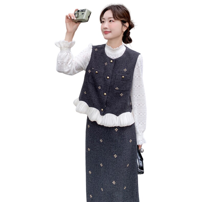 新款小香风马甲半身裙三件套5545P205K328,女装套装/套裙,2C176