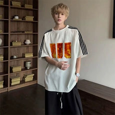 抖音得物品质二开240克宽松纯棉美式潮牌印花三条杠中性风短袖T恤，男装T恤，电商A486