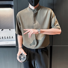 抖音夏季男士七分袖纯色冰丝衬衫男宽松衬衣A236-0855-P55，男装衬衫，电商A236