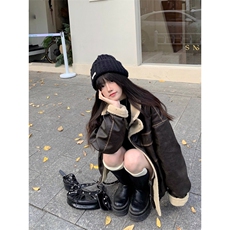 Cuitcuit秋冬pu面美拉德翻领皮夹克美式复古宽松加厚羊羔绒棉服，男装棉衣，星座506A