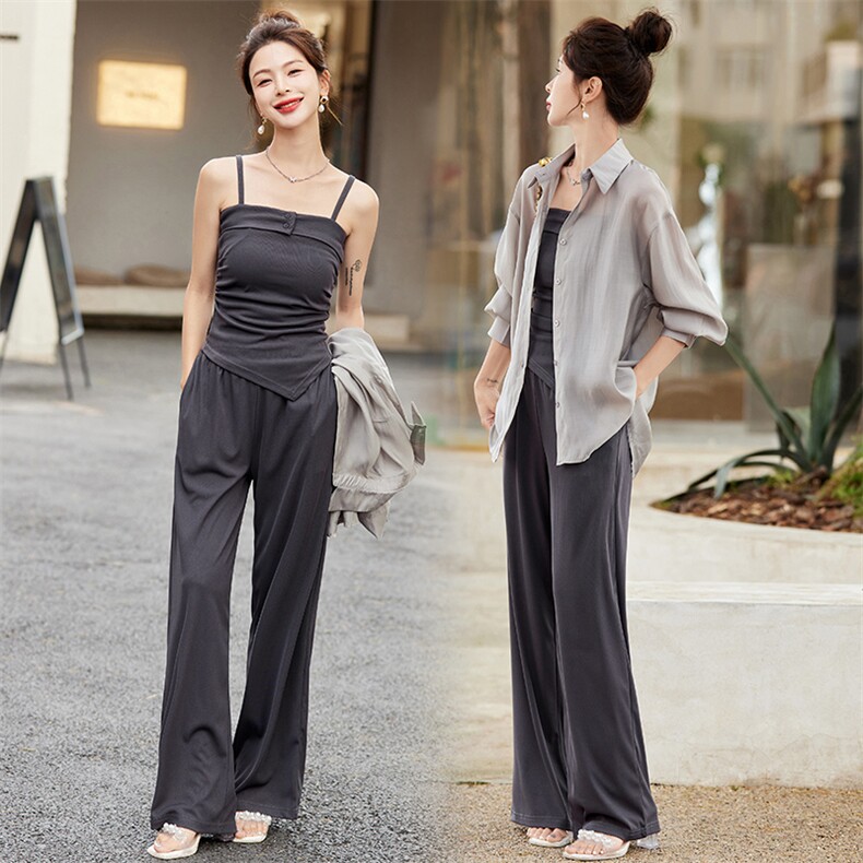 【现货】2024夏季新款时尚防晒天丝衬衫高腰拖地直筒裤三件套装，女装套装/套裙，悠米