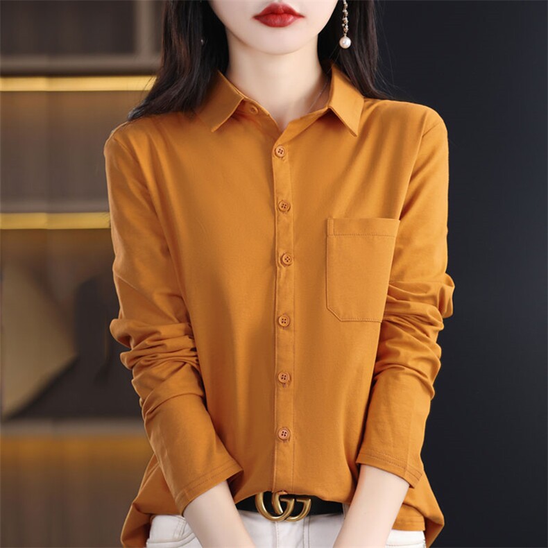 舒适弹力棉长袖衬衣女设计感小众时尚宽松韩版衬衫POLO领开衫新，女装衬衫，臻维羊绒