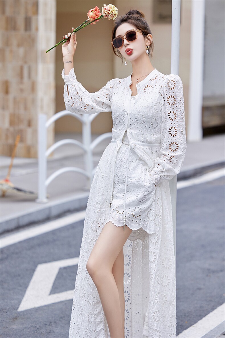 2024新款法式气质设计感白色蕾丝裙套装中长款镂空显瘦女防晒,女装套装/套裙,仟媚宠