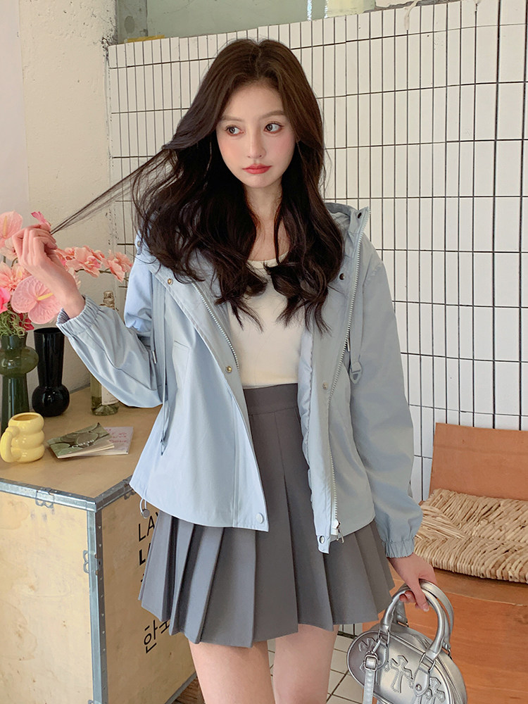 现货新款春秋百搭宽松时尚休闲上衣连帽风衣短外套女,女装短外套,韩蔻秀