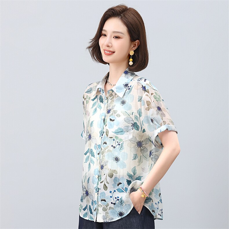 叶笙衣2552衬衫领短袖印花上衣,女装衬衫,叶笙衣