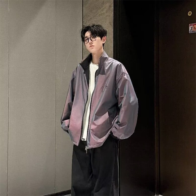 双面穿炫彩秋季字母印花夹克上衣情侣百搭宽松棒球服男冲锋衣外套,男装夹克,四季星座505
