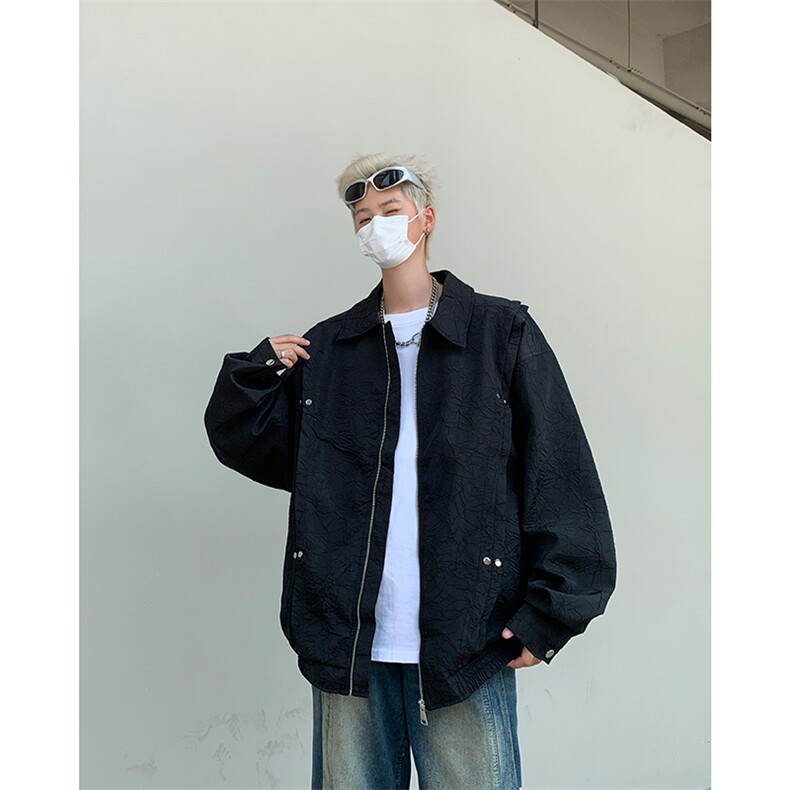 美式古着小众翻领夹克男春秋季重磅褶皱设计宽松高街帅气外套,男装夹克,星座410-7
