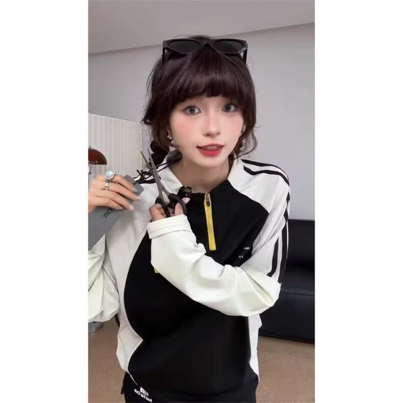 5389-P48美式复古潮牌港风拼色Polo衫刺绣字母宽松半拉链卫衣,女装卫衣/绒衫,星座617A-2