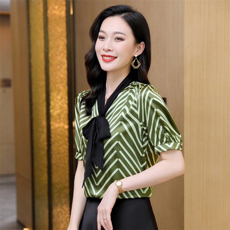 欧货条纹真丝衬衫女2022春新款蝴蝶结法式桑蚕丝大牌上衣欧货小,女装衬衫,阿舍尔精品