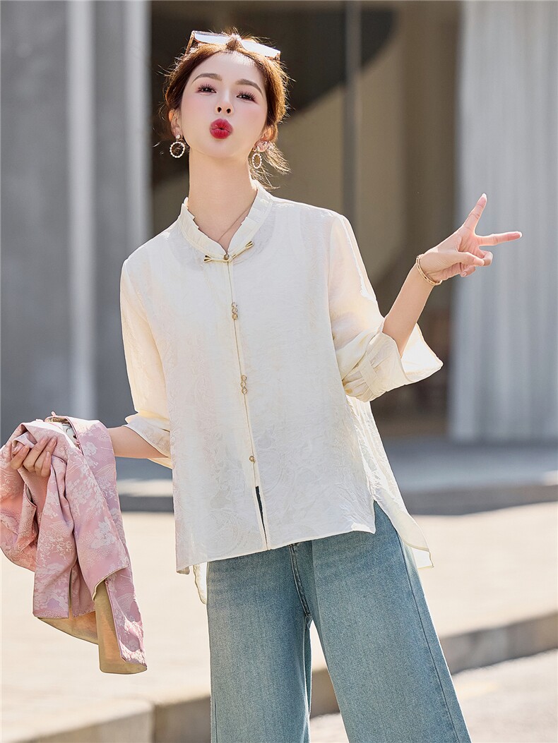 【春季女装新款】2026春夏时尚优雅轻奢新中式立领衬衫,女装衬衫,缘衣格