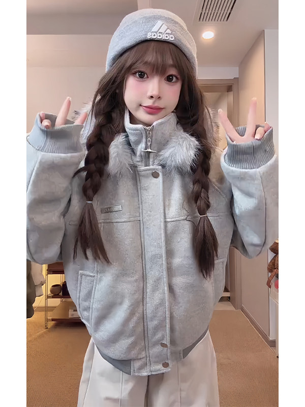 网图座山雕毛领连帽休闲毛呢拼接秋冬棉服情侣款上衣外套P118,男装棉衣,电商C306-1