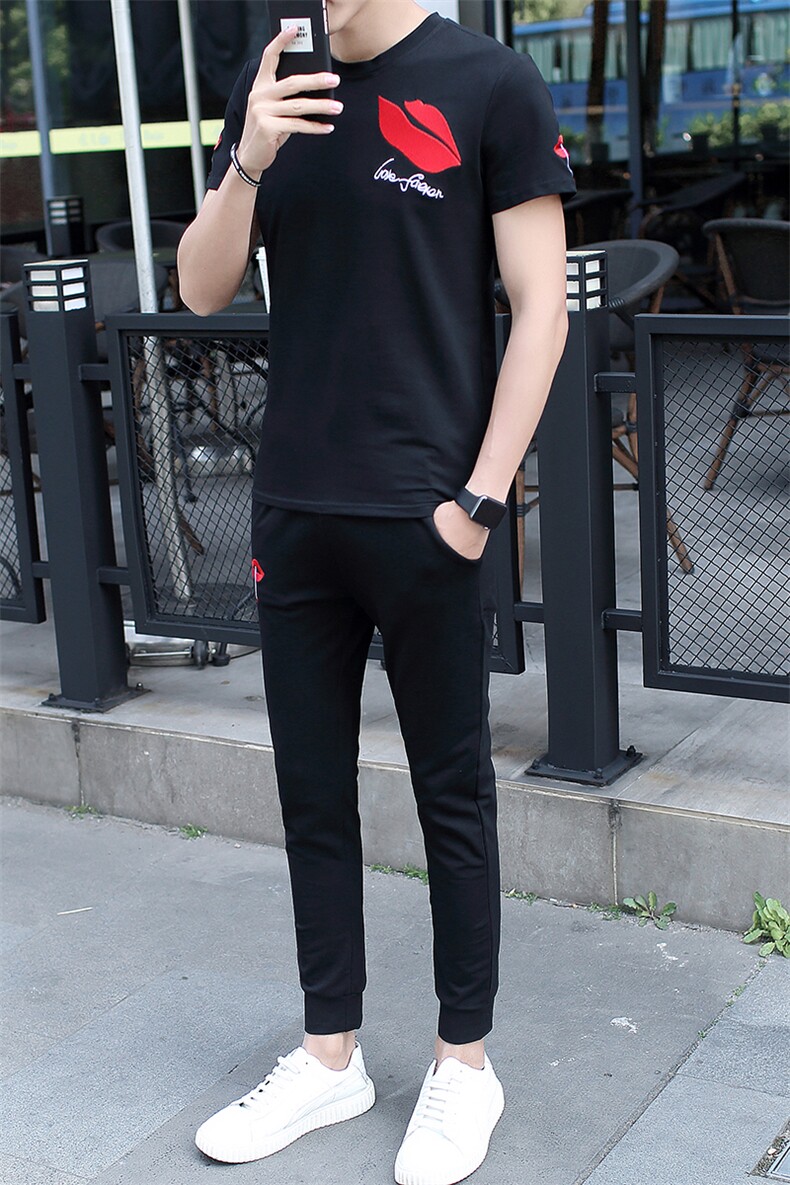2021夏季男圆领短袖九分裤套装刺绣男韩版修身棉T恤A112-t704-P60,男装休闲套装,星座1206（原A206）