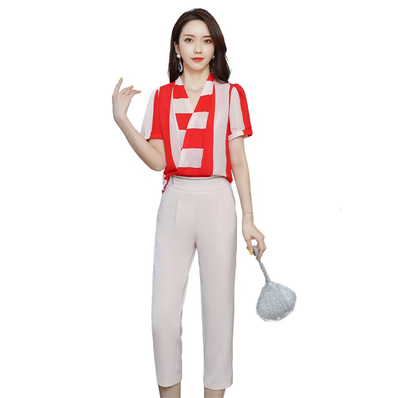 2021年夏季时尚潮流气质拼接色直筒裤优雅套装,女装套装/套裙,贵人树