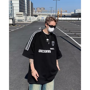 潮牌复古拼接撞色夏季短袖男美式三条杠T136-P37图片