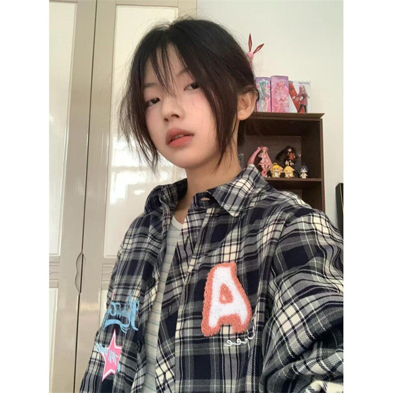 格子衬衫女春秋季美式设计感小众叠穿衬衣外套长袖上衣C46,男装衬衫,星座1116A（原606A-3）