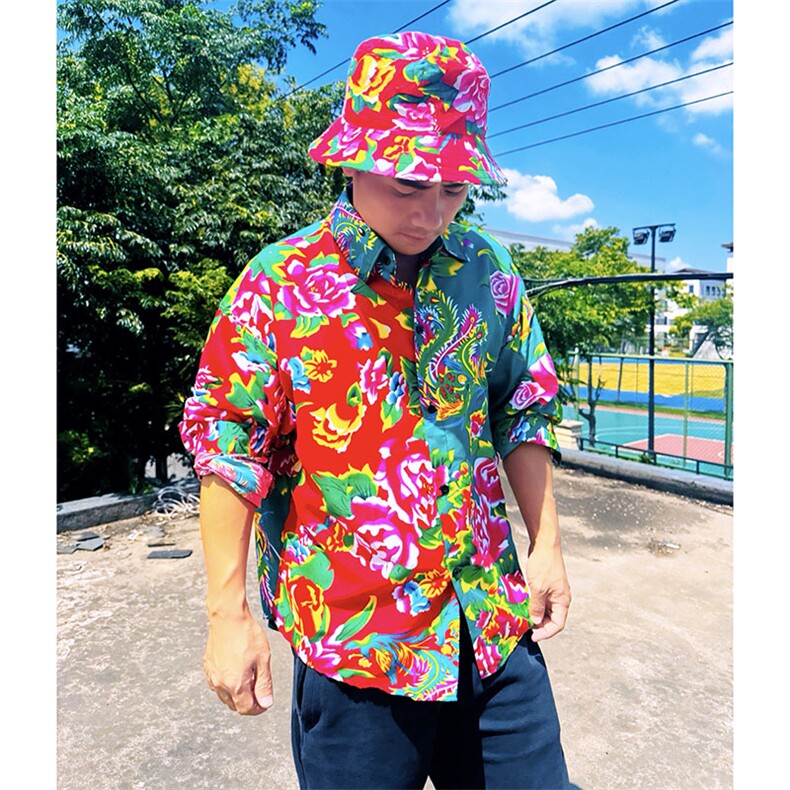 PC203长袖拼接东北大花风民族牡丹大花撞色AB版衬衫团队表演，男装民族服装，星座115A-2