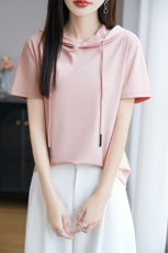 夏季新款简约纯棉帽衫短袖女宽松百搭显瘦时尚休闲上衣，女装T恤，羊秋羊绒