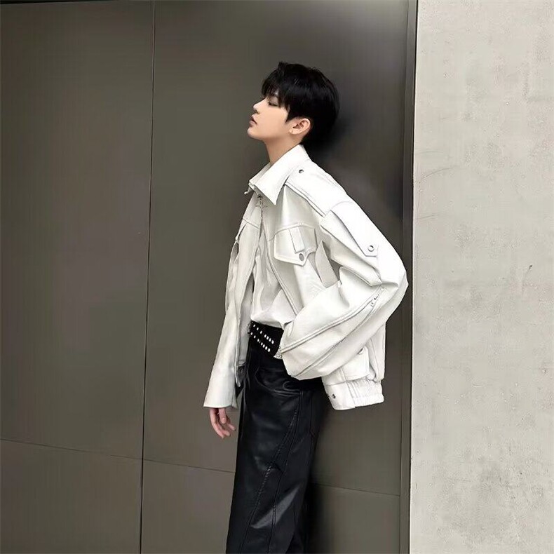翻领欧美复古高街皮衣外套男春秋款潮牌小众高级感短款机车服夹克,男装夹克,星座506