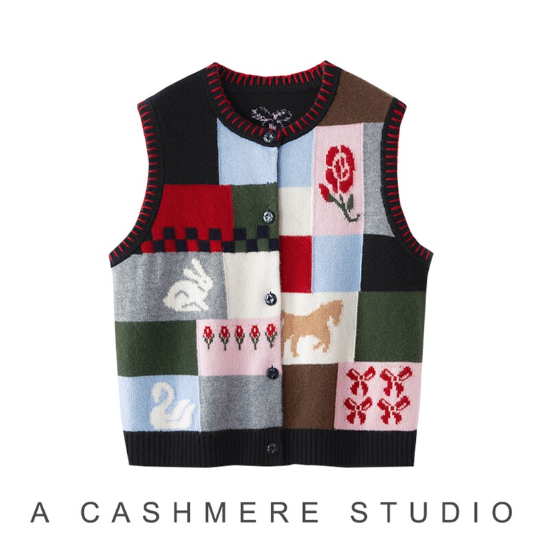 2026年秋季时尚百搭通勤简约休闲小马多色拼接马甲，女装马甲，致织羊绒