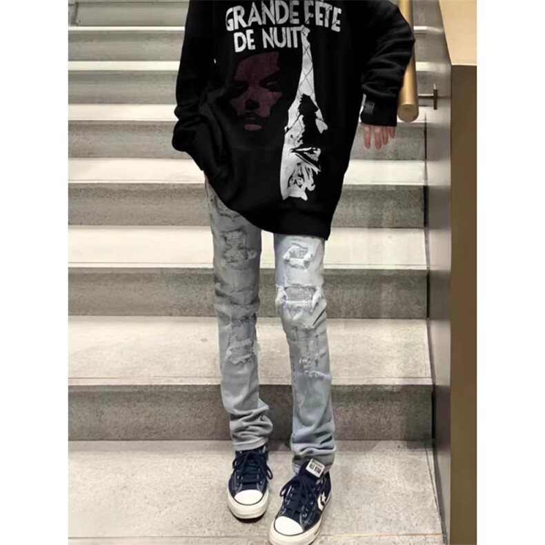 1506-1/KT851/P51新款美式复古青年男士水洗做旧磨破小直筒浅蓝裤,男装休闲裤,星座1506-1