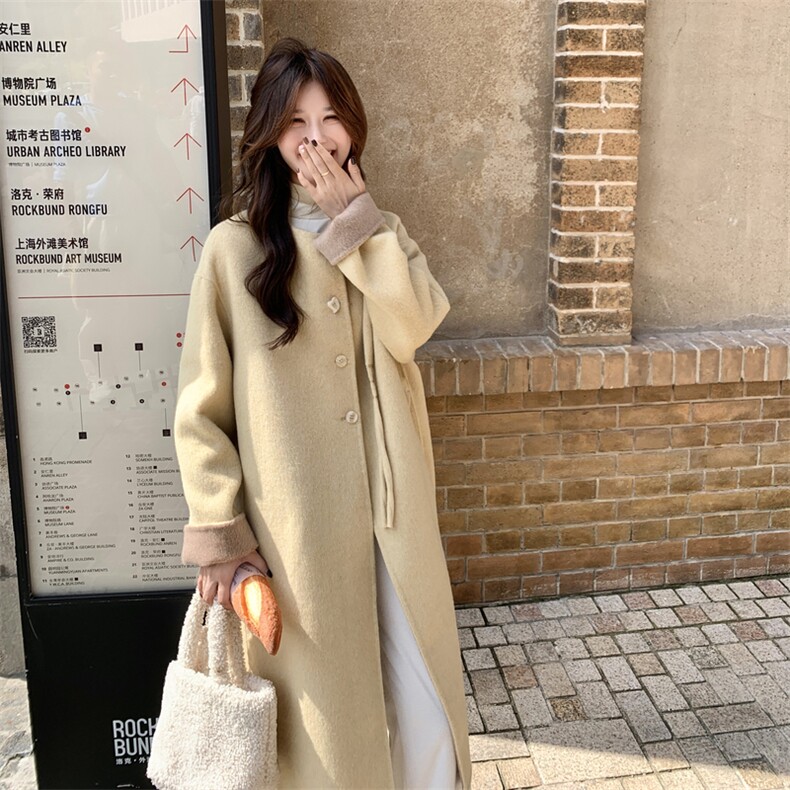 黄色高级感茧型宽松韩版羊绒双面羊毛大衣女冬新款长过膝毛呢外套,女装羊绒大衣,2C056