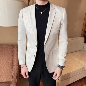 2023新款男士麻西装仿麻西服米色男士外套801-图片