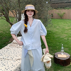 超火度假风穿搭系带收腰泡泡袖上衣半身裙套装女夏2025新款两件套，女装套装/套裙，2C108