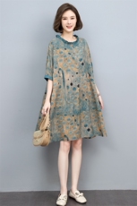 中年妈妈棉麻连衣裙女2025夏季新款宽松大码显瘦洋气印花亚麻裙子，女装连衣裙，悦见她