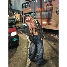 美式水洗做旧网格阔腿牛仔裤男女宽松休闲百搭拖地长裤NK0928-P58，男装牛仔裤，星座308B-2