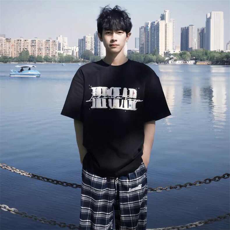 万针全刺绣工艺抖音得物高品质260克重磅纯棉双纱美式高街短袖T恤,男装T恤,电商A486-1
