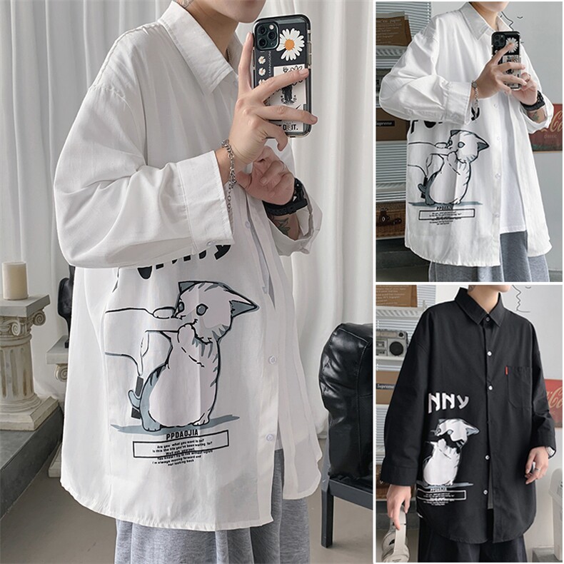 2021夏季新港风短句大码男猫咪印花宽松七分袖衬衫C3005-P45，男装衬衫，电商A001