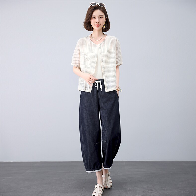叶笙衣套装2568-130宽松印花开衬花边牛仔裤套装图片