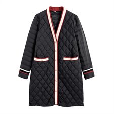羽绒服白鸭绒90绒小香风纯色长袖中长款口袋排扣修身拼接，女装羽绒服，海爱依仁