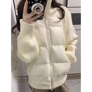 冬杏色针织拼接袖子设计棉服男女保暖立领休闲棉衣 M7879图片