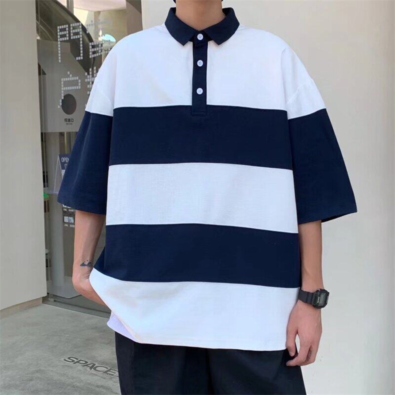 日系复古潮牌条纹POLO衫男短袖夏季宽松情侣翻领半袖保罗衫潮，男装Polo衫，星座506