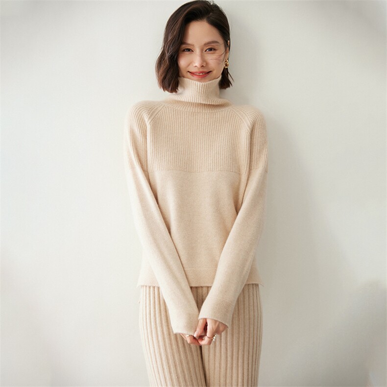 时尚高领开叉女士羊绒衫舒适保暖显瘦毛衣套装,女装羊绒衫,迎冬羊绒