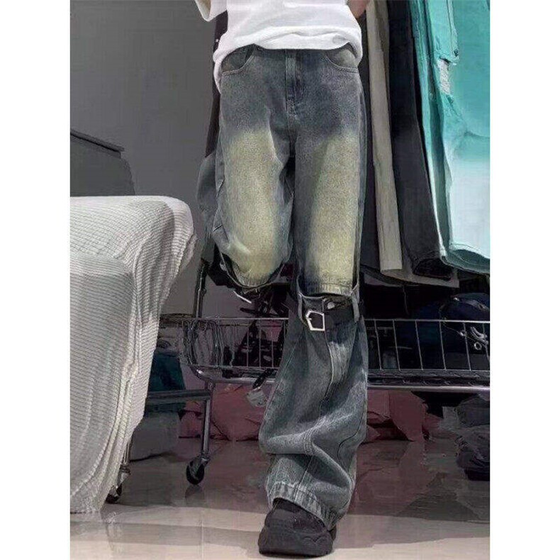 立体皮带绑带牛仔裤男水洗做旧美式高街裤子夏季高腰工装微喇叭裤,男装休闲裤,星座1008