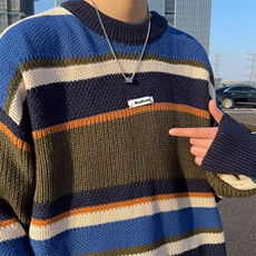 秋冬美式复古超好看日系慵懒风条纹毛衣男女情侣圆领针织衫M7171，男装针织衫/毛衣，星座1116A-1（原606A）