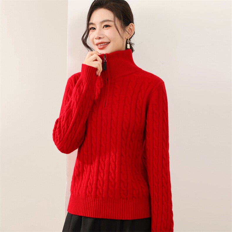 2025年秋季长袖套头半拉链麻花时尚百搭通勤简约休闲,女装羊毛衫,锦弘羊绒