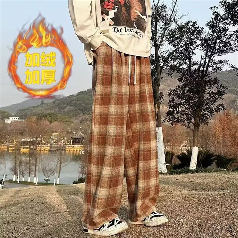 毛呢格子裤男秋冬加绒潮复古宽松直筒裤垂感阔腿保暖休闲长裤卫裤,男装休闲裤,星座302B-2