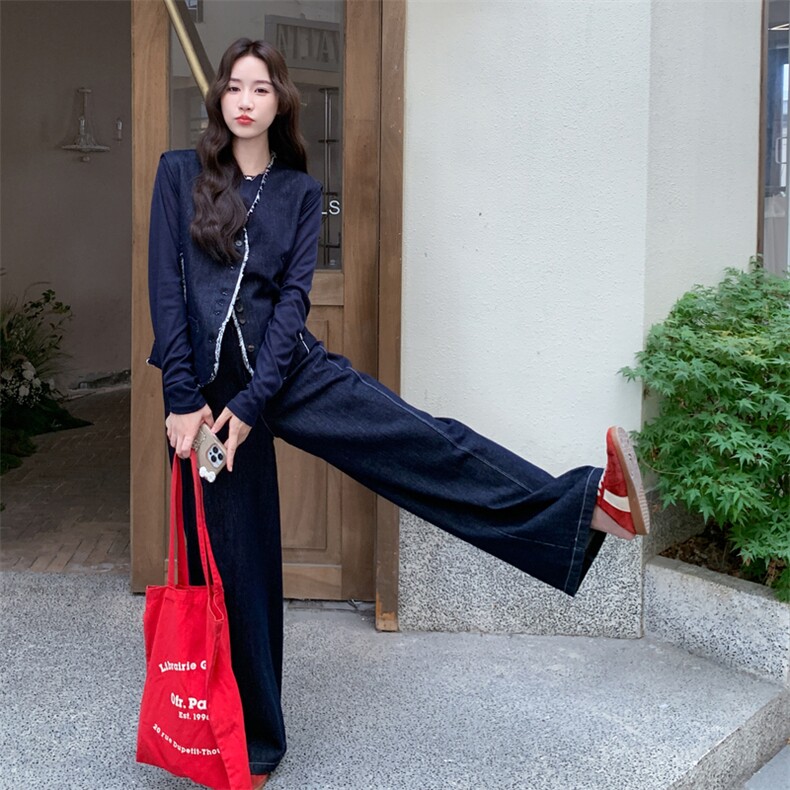 初秋穿搭无袖马甲阔腿裤牛仔套装女春秋季2025新款高级感洋气时尚,女装套装/套裙,2D076