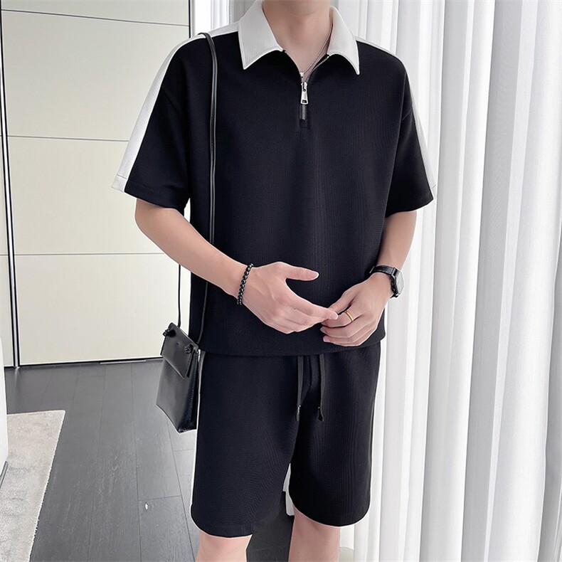 轻熟风~2025夏季新款华夫格拼色拉链领设计短袖套装Z033/P85,男装休闲套装,电商B331