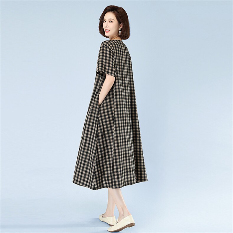 2023新品复古风长裙圆领全棉格子811款,女装连衣裙,秋牧寒烟